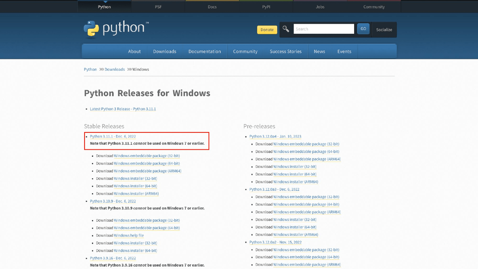 версия Python 3.11.1 на официальном сайте языка программирования