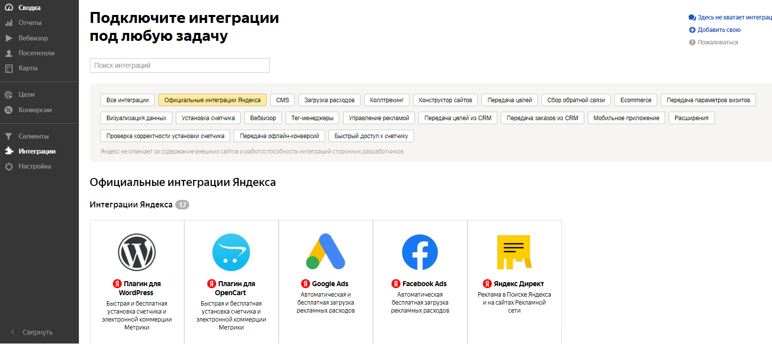 интеграции в Яндекс Метрике