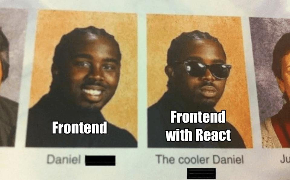 Мем про frontend-разработку с использованием и без использования фреймворков