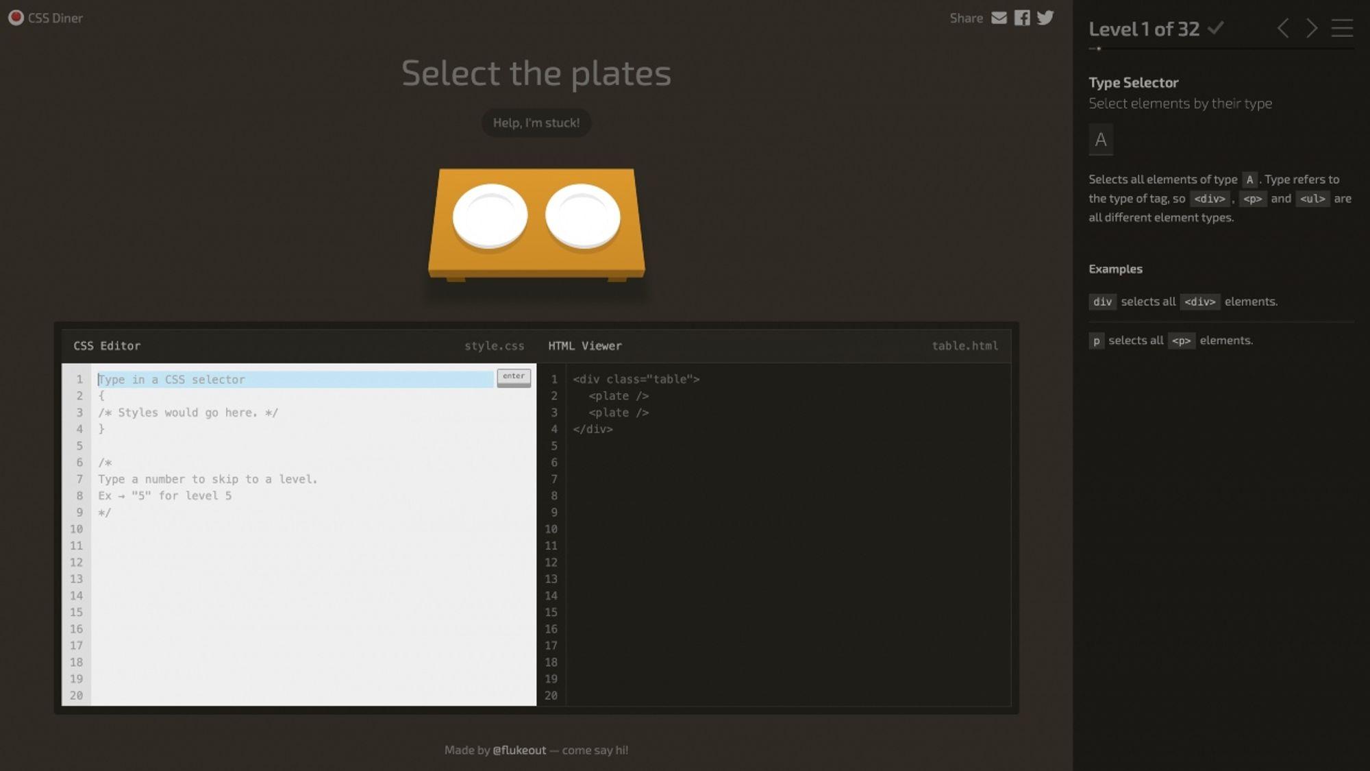 CSS Diner - браузерная игра для изучения CSS, интерфейс