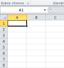 Выбранная ячейка A1 в Excel