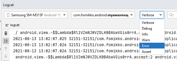 фильтр logcat в Android Studio