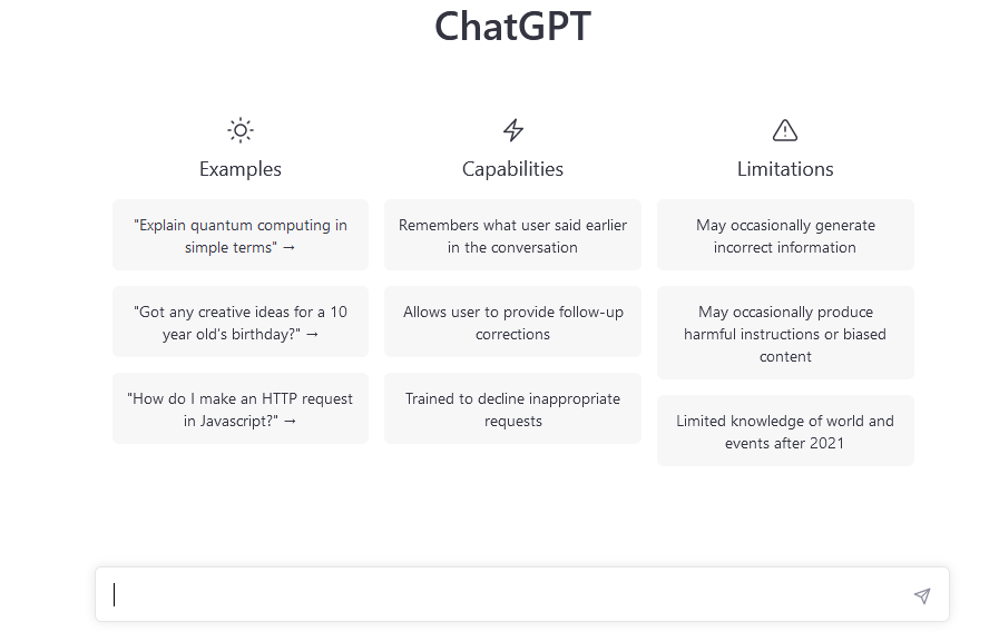 Интерфейс ChatGPT, главная страница и поле для ввода запроса