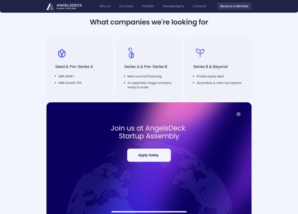 Интерфейс страницы для стартапов на Angeldeck