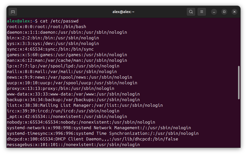 Вывод содержимого /etc/passwd с cat 