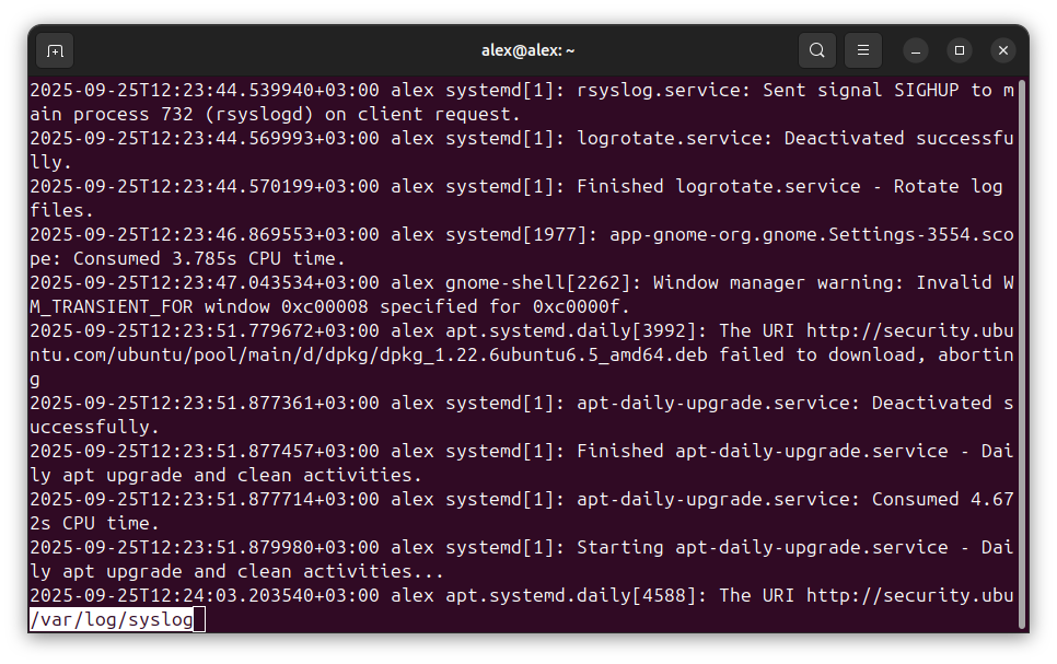 логи с помощью команды less