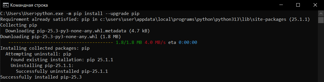 Установка обновления pip