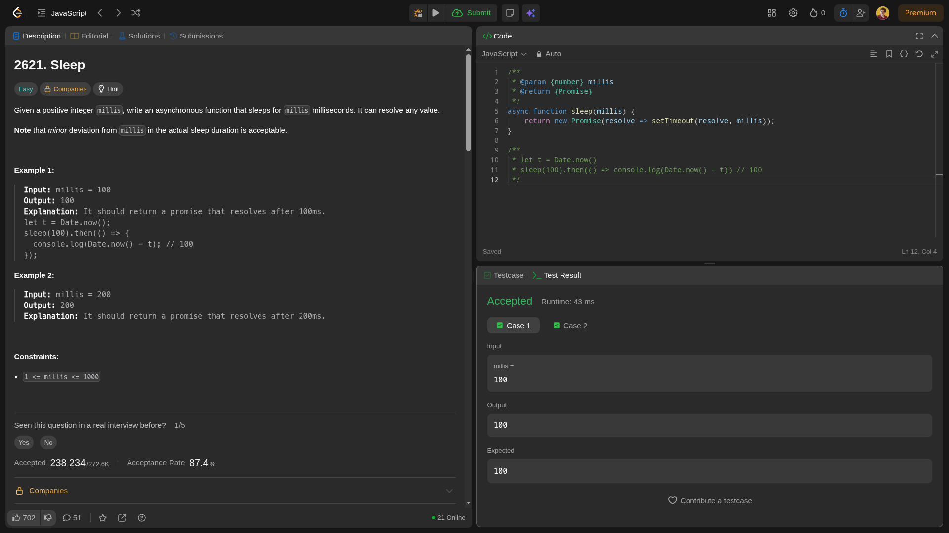 Результат задачи на LeetCode