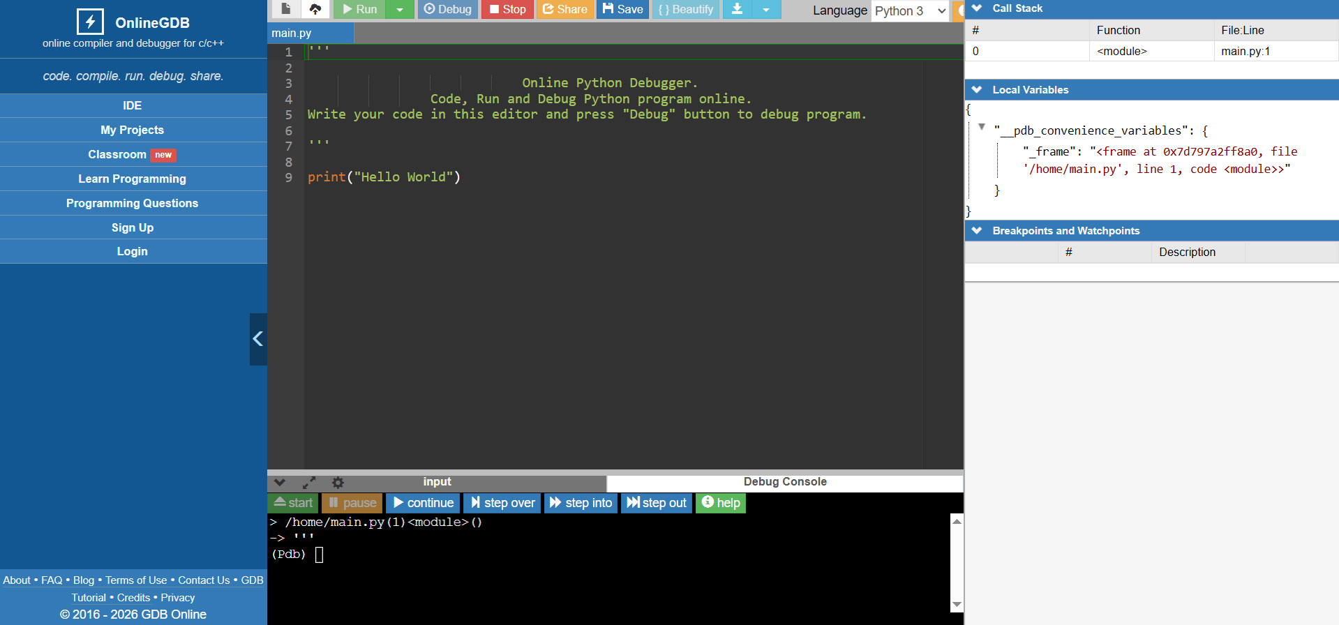 Дебаггинг Python в онлайн-сервисе OnlineGBD