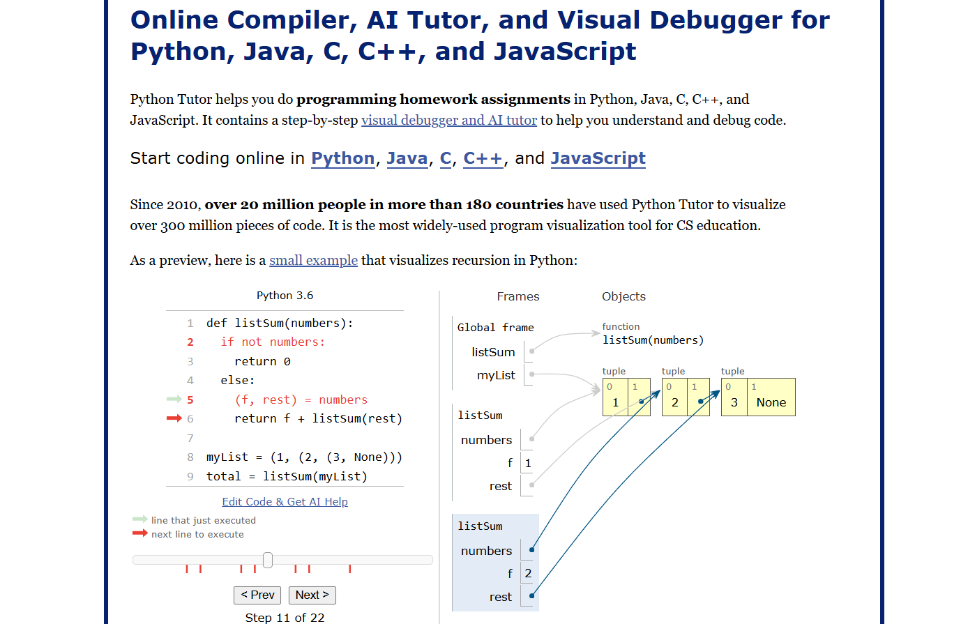 Отладка кода онлайн в Python Tutor