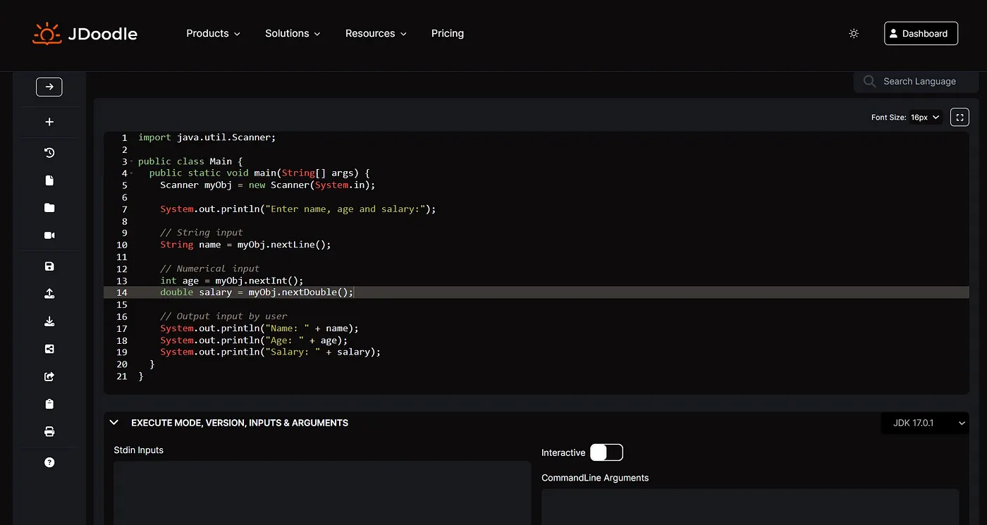 Интерфейс сервиса JDoodle