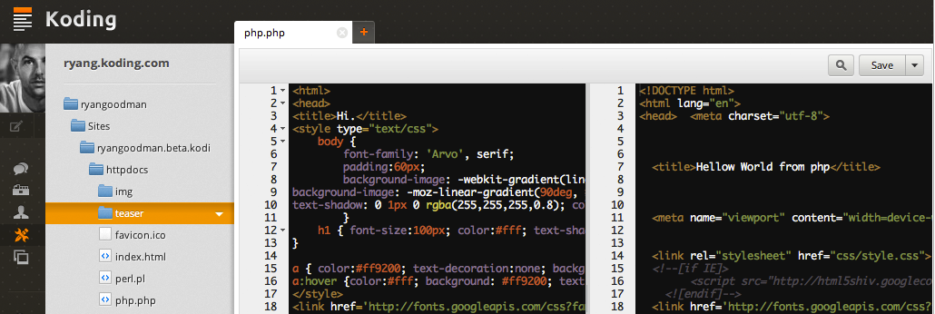 Интерфейс сервиса Koding