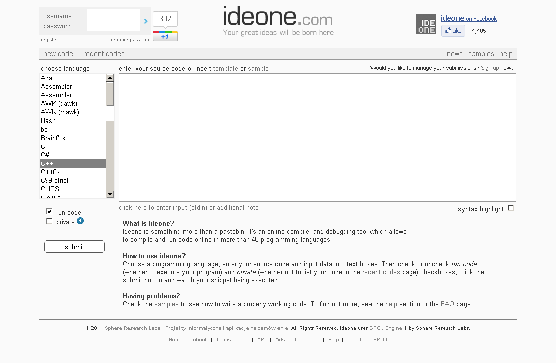 Интерфейс сервиса IdeOne