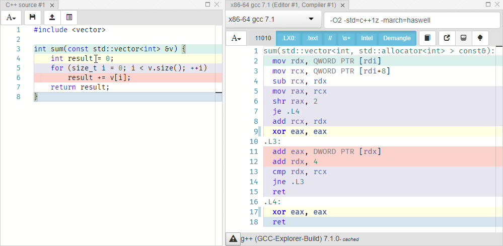 Интерфейс сервиса GCC GodBolt