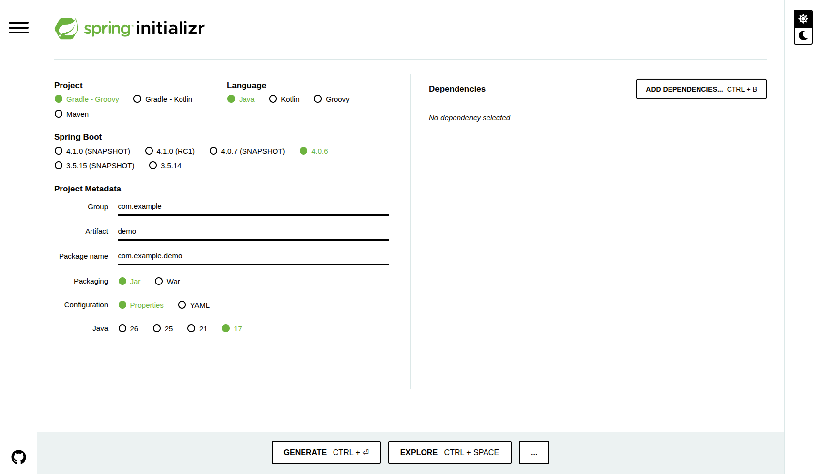 создание проекта в spring initializr